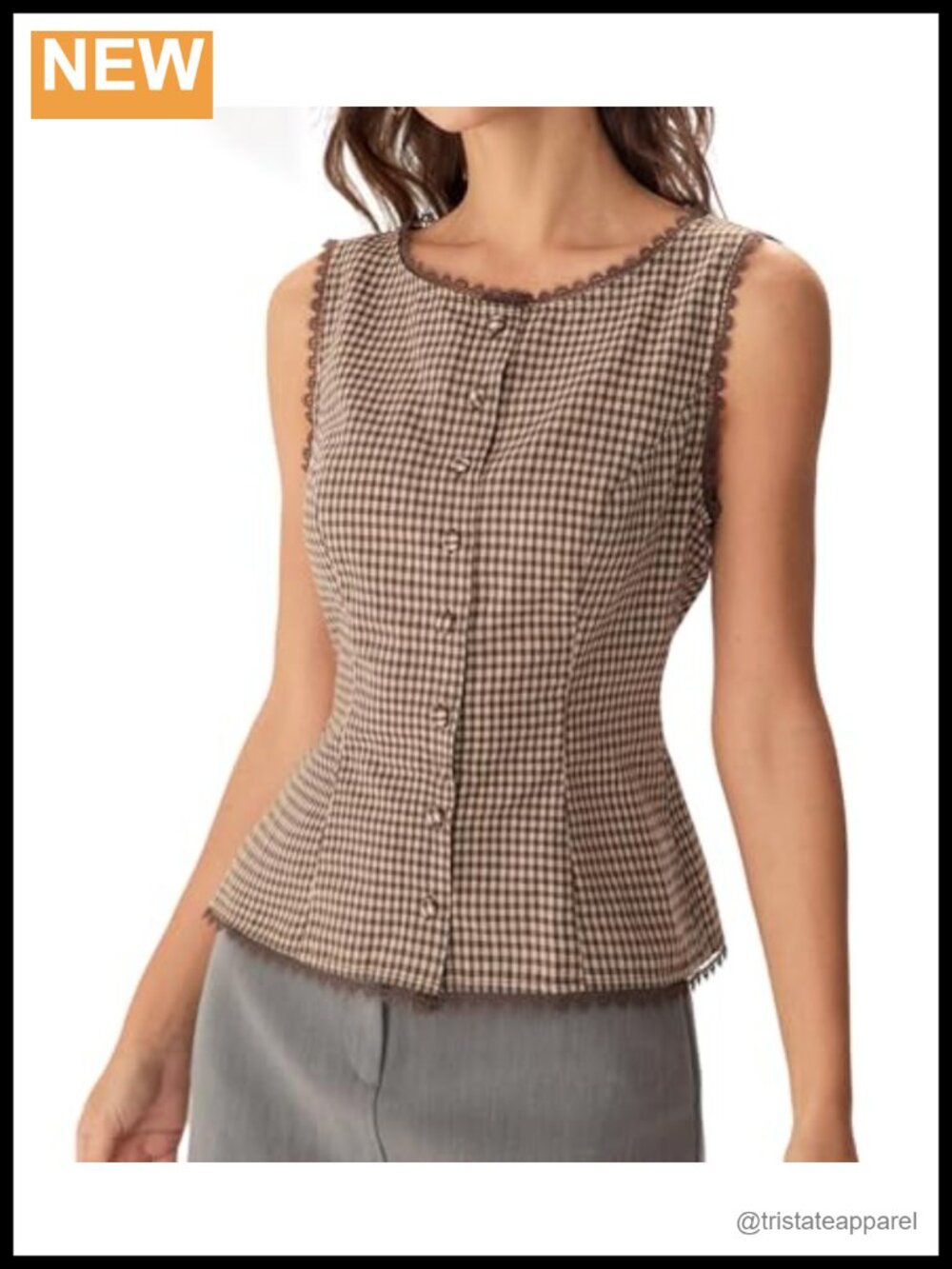 100% Cotton Sleeveless Button Down Tank Top with Lace Trim